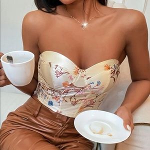 Boho cream floral print satin bustier corset tube top